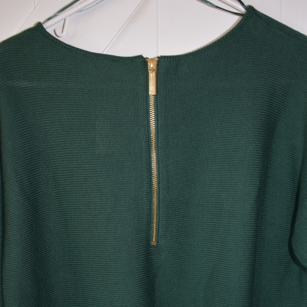 NWT Michael Kors sweater long sleeve scoop neck slight hi lo hem green gold zip - Picture 4 of 5